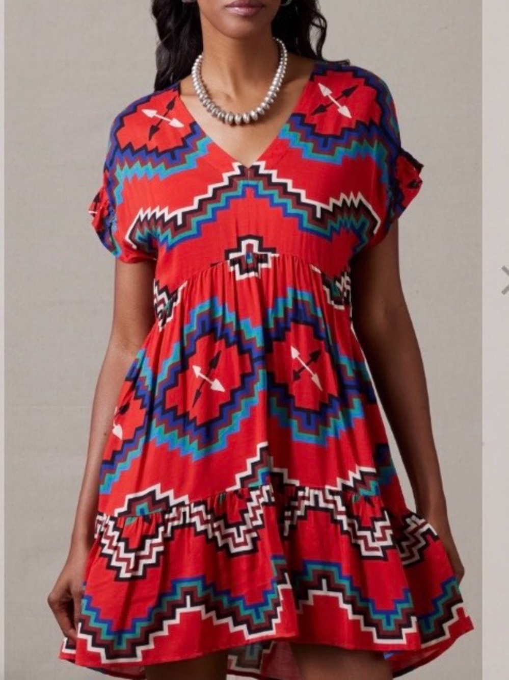 Double D Ranch Red Geometric V-Neck Dress with Blue & Black Accents